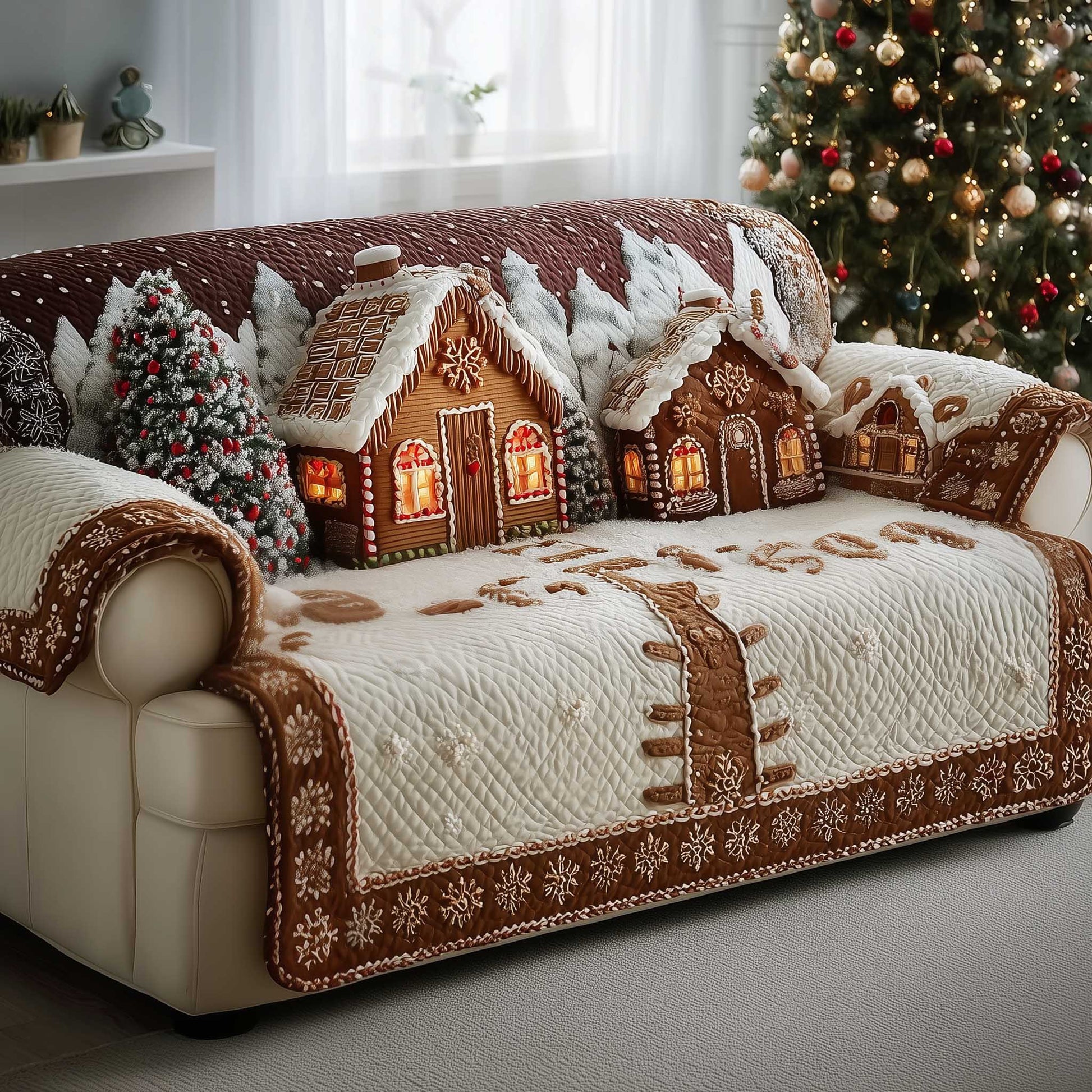 Gingerbread House Quilted Sofa Cover Festive Edible House Motif Best Gift For Sweet Lover