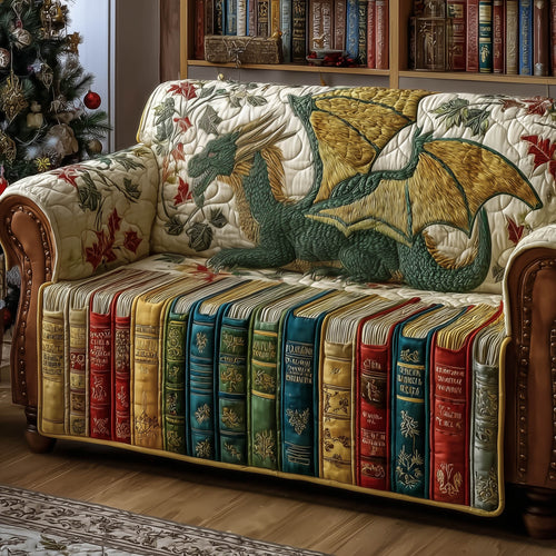 Bookish Dragon Quilted Sofa Cover Cute Wyvern With Open Book Accent Great Book Lover Gifts