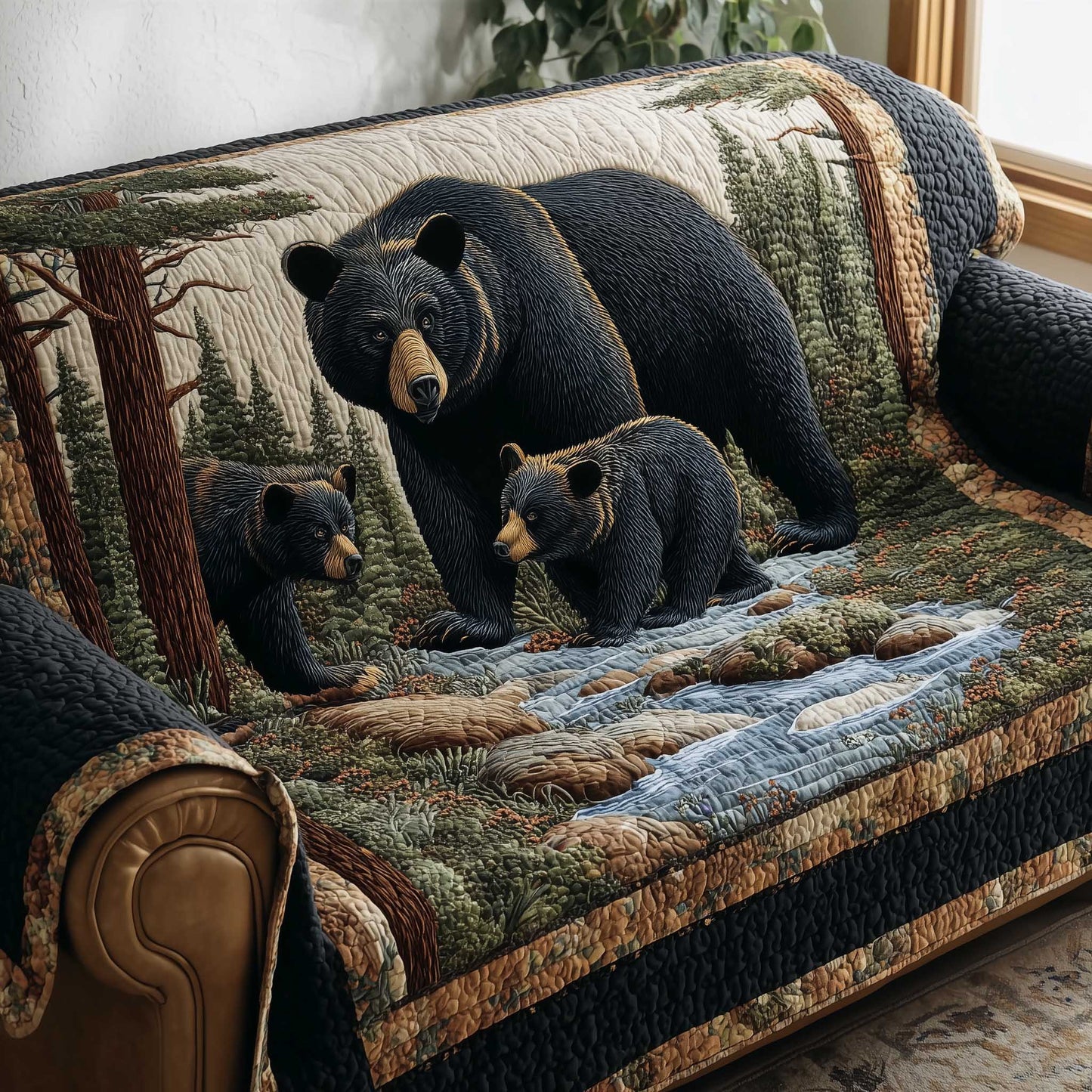 Woodland Charm Quilted Sofa Cover Rustic Forest Creature Design Bear Gifts For Dad