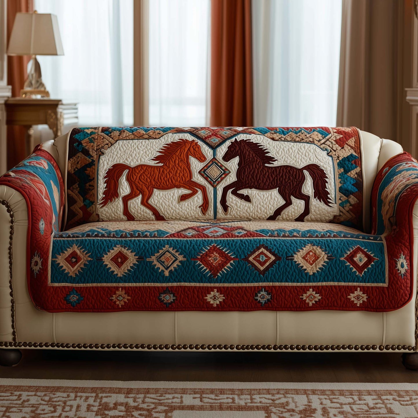 Tribal Horse Quilted Sofa Cover Unique Xmas Southwestern Style Couch Throw Gifts Trendyhomewear - Pvr
