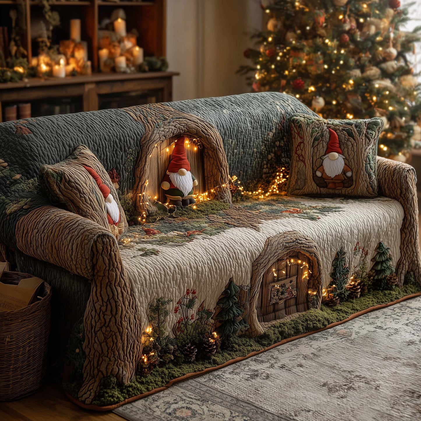 Christmas Gnomies Quilted Sofa Cover Christmas Couch Protector Cozy Gnomies Based Gifts Trendyhomewear - Pvr