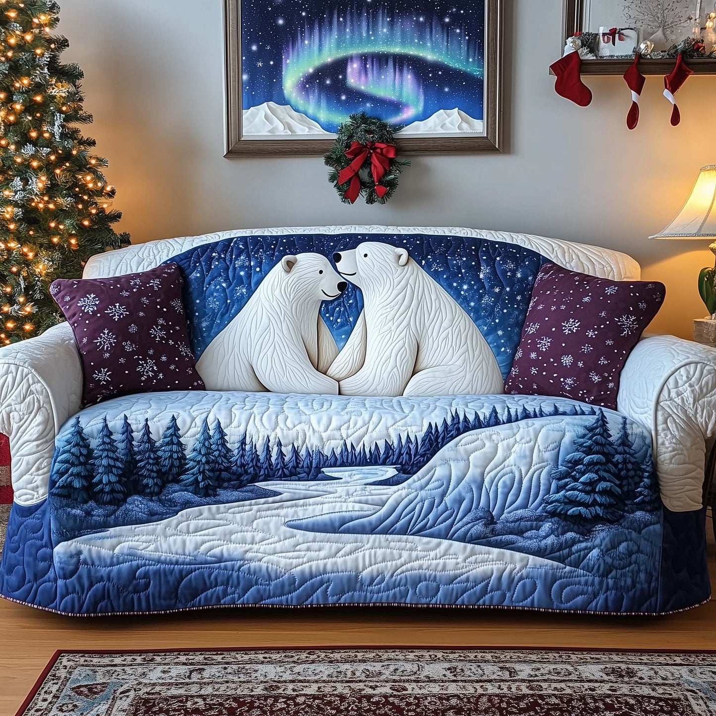 Polar Bear Couple Quilted Sofa Cover Lovely Couch Protector Christmas Polar Bear Gifts Trendyhomewear - Pvr
