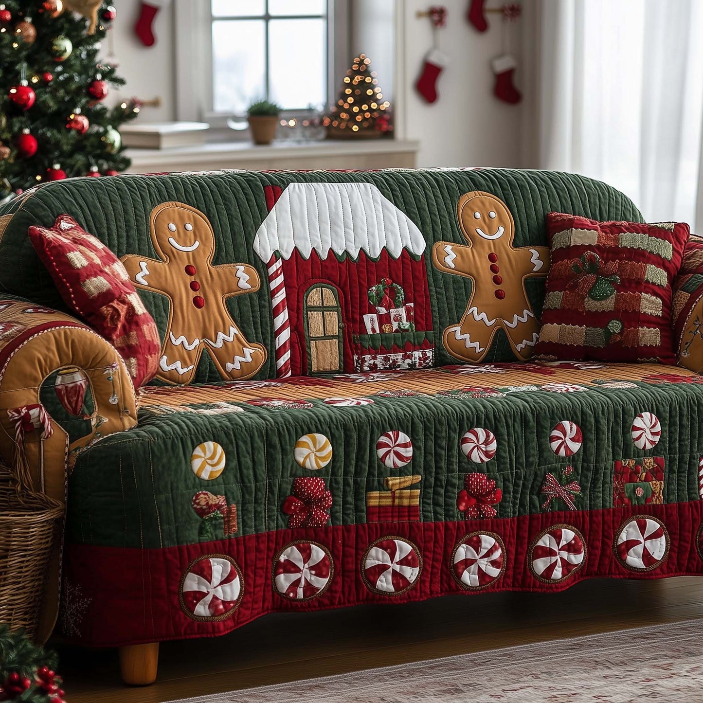 Gingerbread Couple Quilted Sofa Cover Xmas Couch Cushion Gingerbread Christmas Gifts Trendyhomewear - Pvr