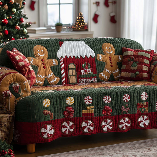 Gingerbread Couple Quilted Sofa Cover Xmas Couch Cushion Gingerbread Christmas Gifts Trendyhomewear - Pvr