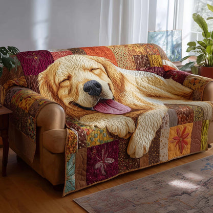 Sleepy Golden Retriever Quilted Sofa Cover Peaceful Dog Nap Unique Present For Smart Dog