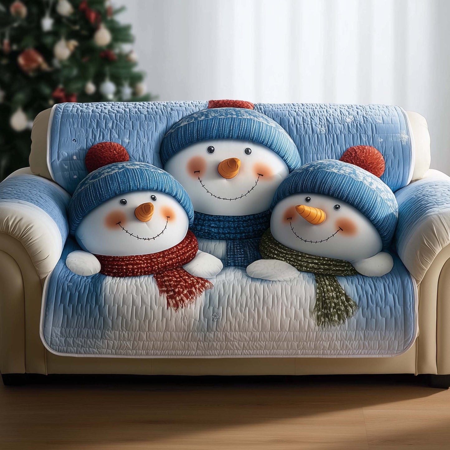 Snowman Family Quilted Sofa Cover Xmas Holiday Couch Furniture Winter Snowman Themed Gifts Trendyhomewear - Pvr