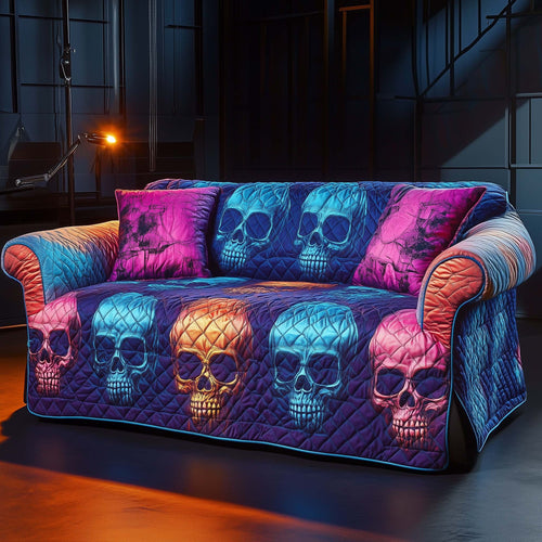 Neon Cyber Skulls Quilted Sofa Cover Best Xmas Sofa Furniture Unique Skulls Gifts For Her Trendyhomewear - Pvr