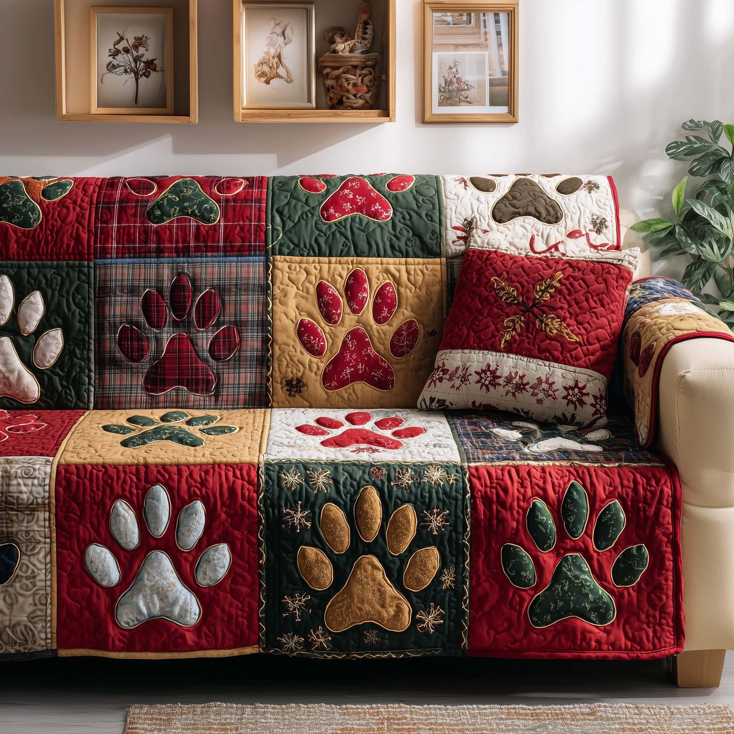 Paws Patchwork Quilted Sofa Cover Cozy Christmas Couch Furniture Animal Lover Gift Ideas Trendyhomewear - Pvr