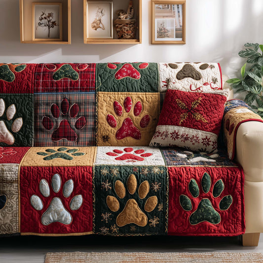 Paws Patchwork Quilted Sofa Cover Cozy Christmas Couch Furniture Animal Lover Gift Ideas Trendyhomewear - Pvr