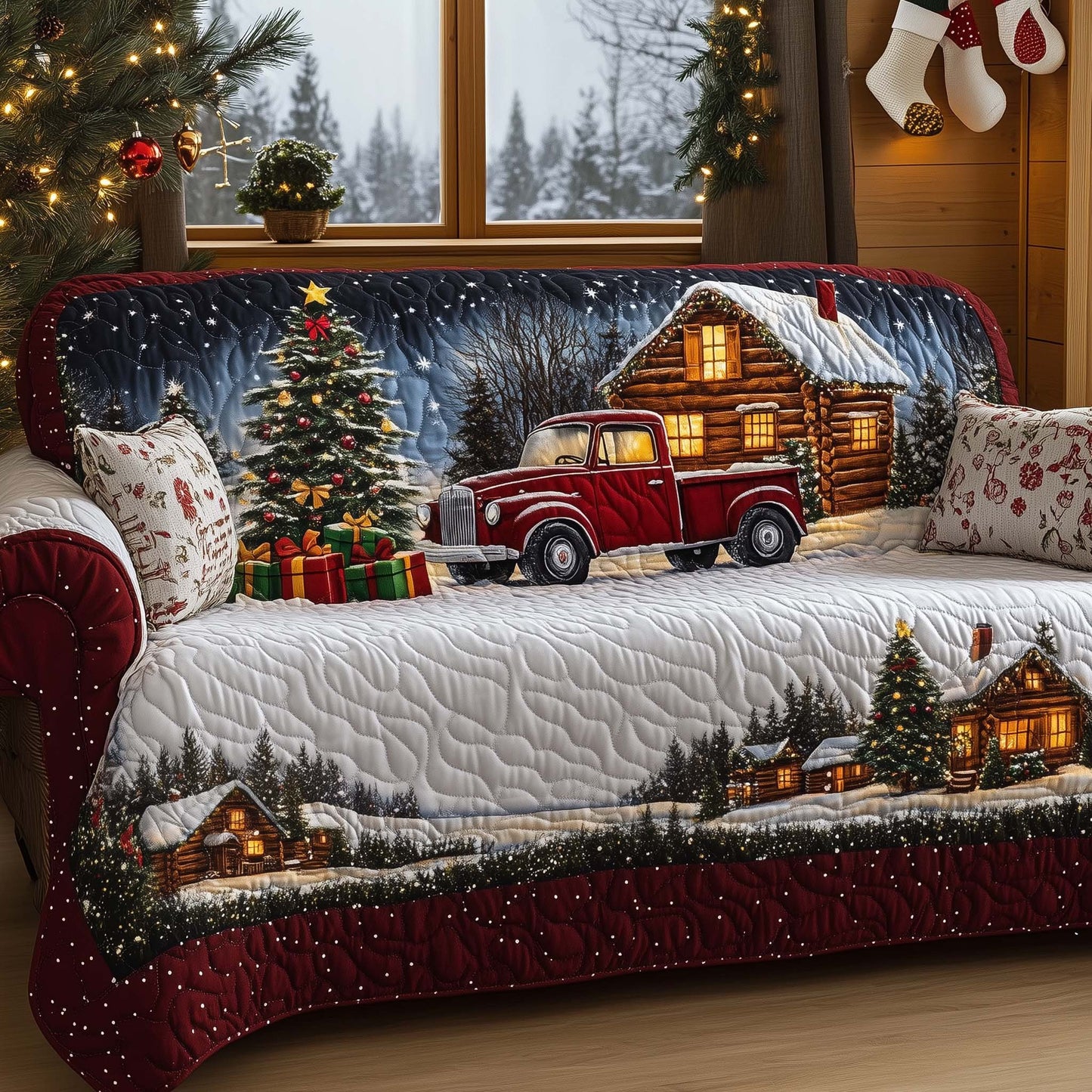 Snow Truck Cabin Quilted Sofa Cover Cozy Xmas Sofa Furniture Truck Gift Decor For Dad Trendyhomewear - Pvr