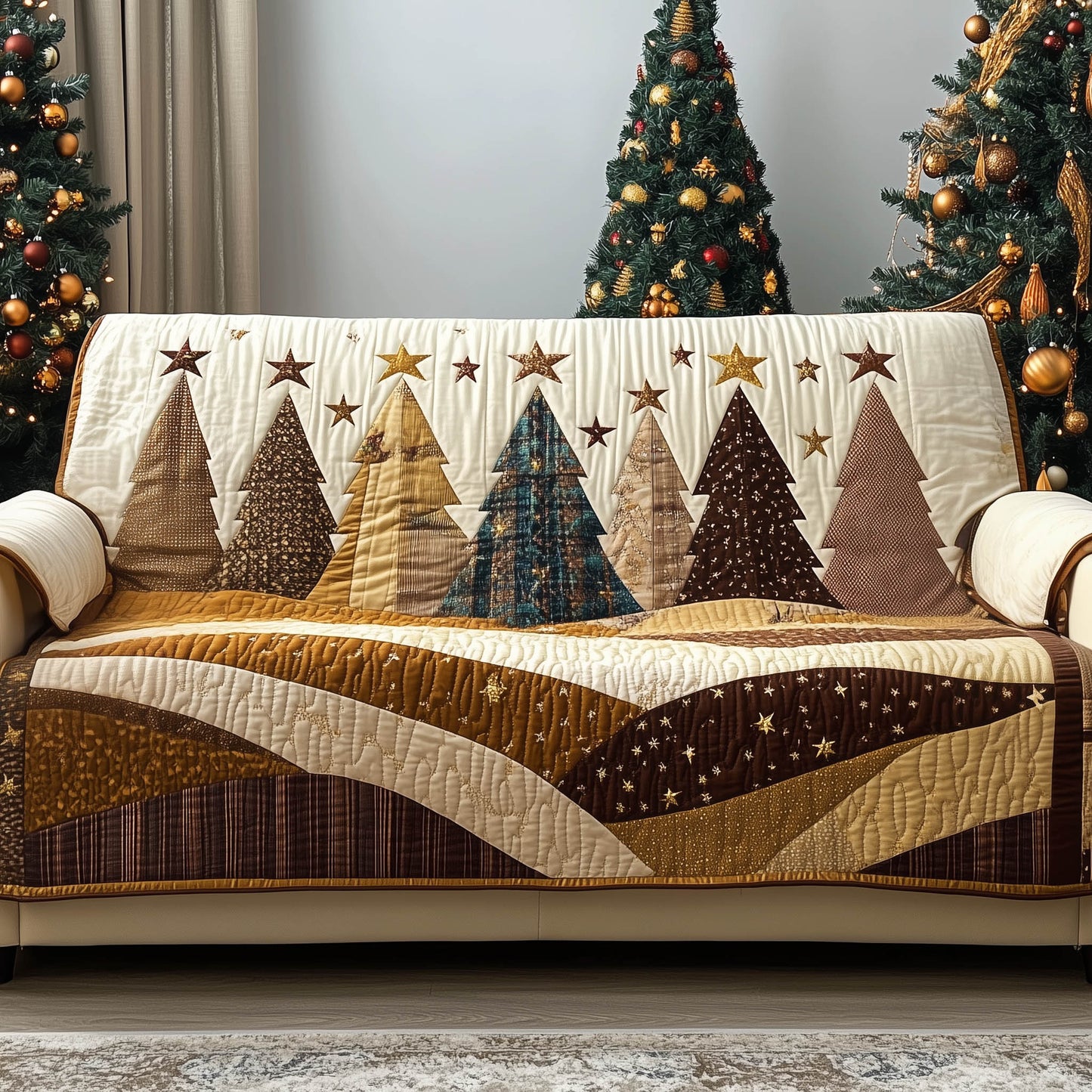 Festive Tree Line Quilted Sofa Cover Holiday Couch Protector Cool Gifts For Christmas Trendyhomewear - Pvr