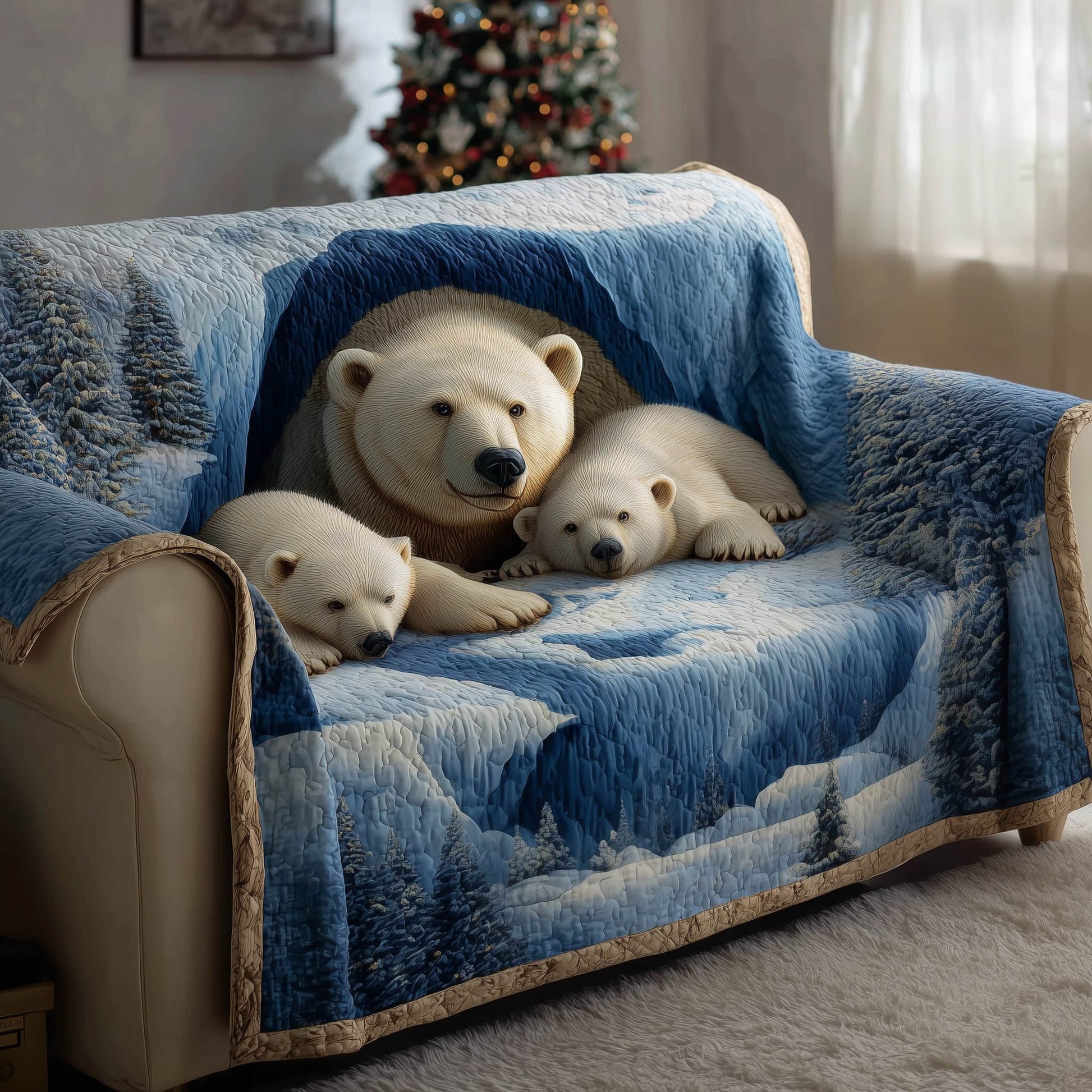 Winter Bears Quilted Sofa Cover Snowy Forest Wildlife Design Bear Gifts For Dad