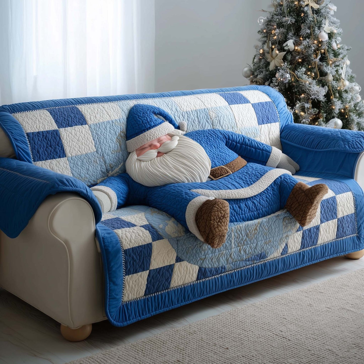 Santa Napping Christmas Quilted Sofa Cover Cozy Holiday Couch Protector Santa Gifts For Mom Trendyhomewear - Pvr
