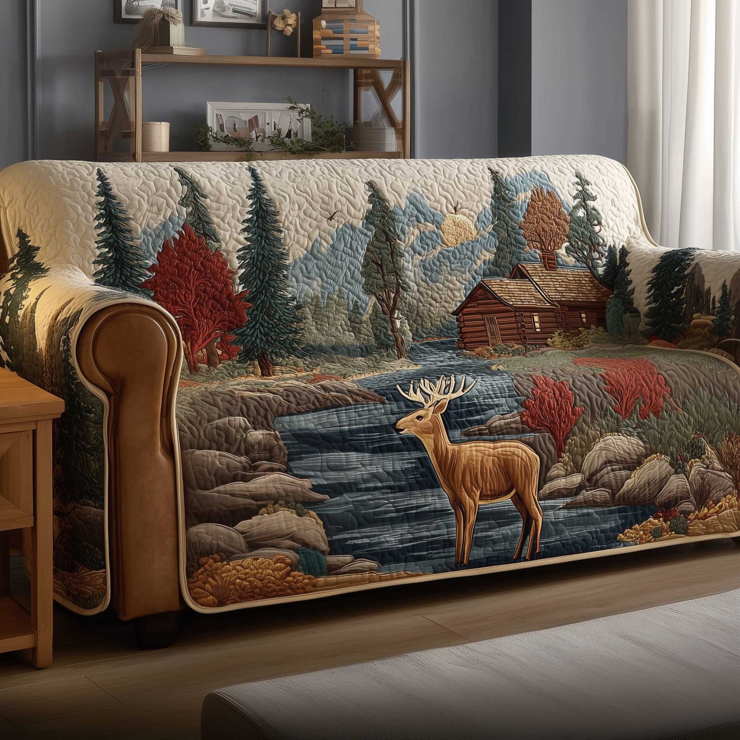 Deer Quilted Sofa Cover Nature Inspired Woodland Motif Deer Themed Gifts For Him