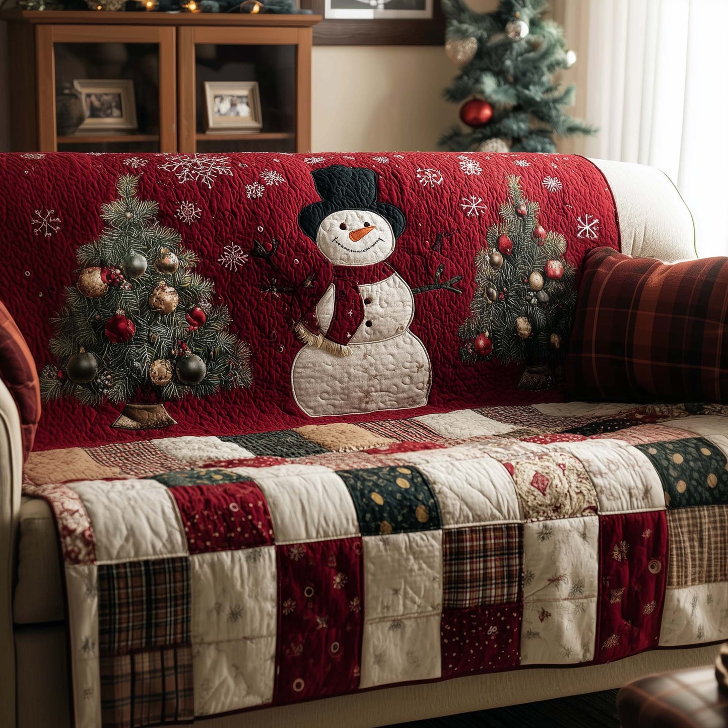 Snowman Frosty Friend Quilted Sofa Cover Holiday Couch Protector Cozy Snowman Decor Gifts Trendyhomewear - Pvr
