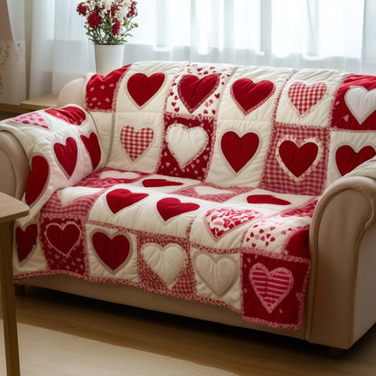 Patchwork Hearts Quilted Sofa Cover Valentine's Day Heart Pattern Best Valentines Gifts For Her