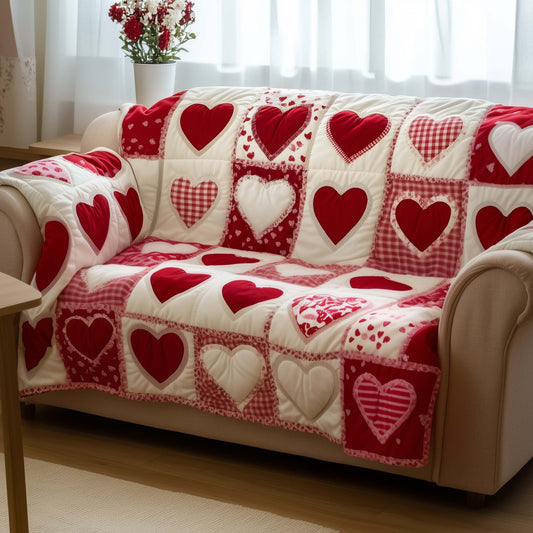 Patchwork Hearts Quilted Sofa Cover Valentine's Day Heart Pattern Best Valentines Gifts For Her
