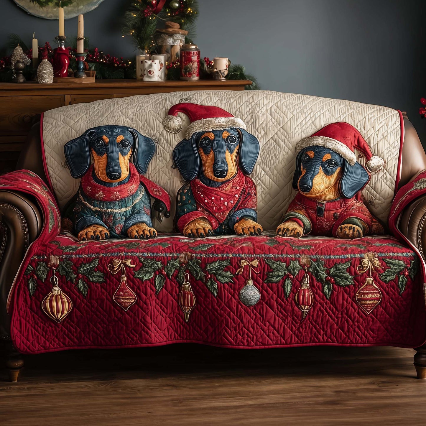 Dachshund Christmas Quilted Sofa Cover Winter Holiday Sofa Protector Dachshund Gifts Trendyhomewear - Pvr