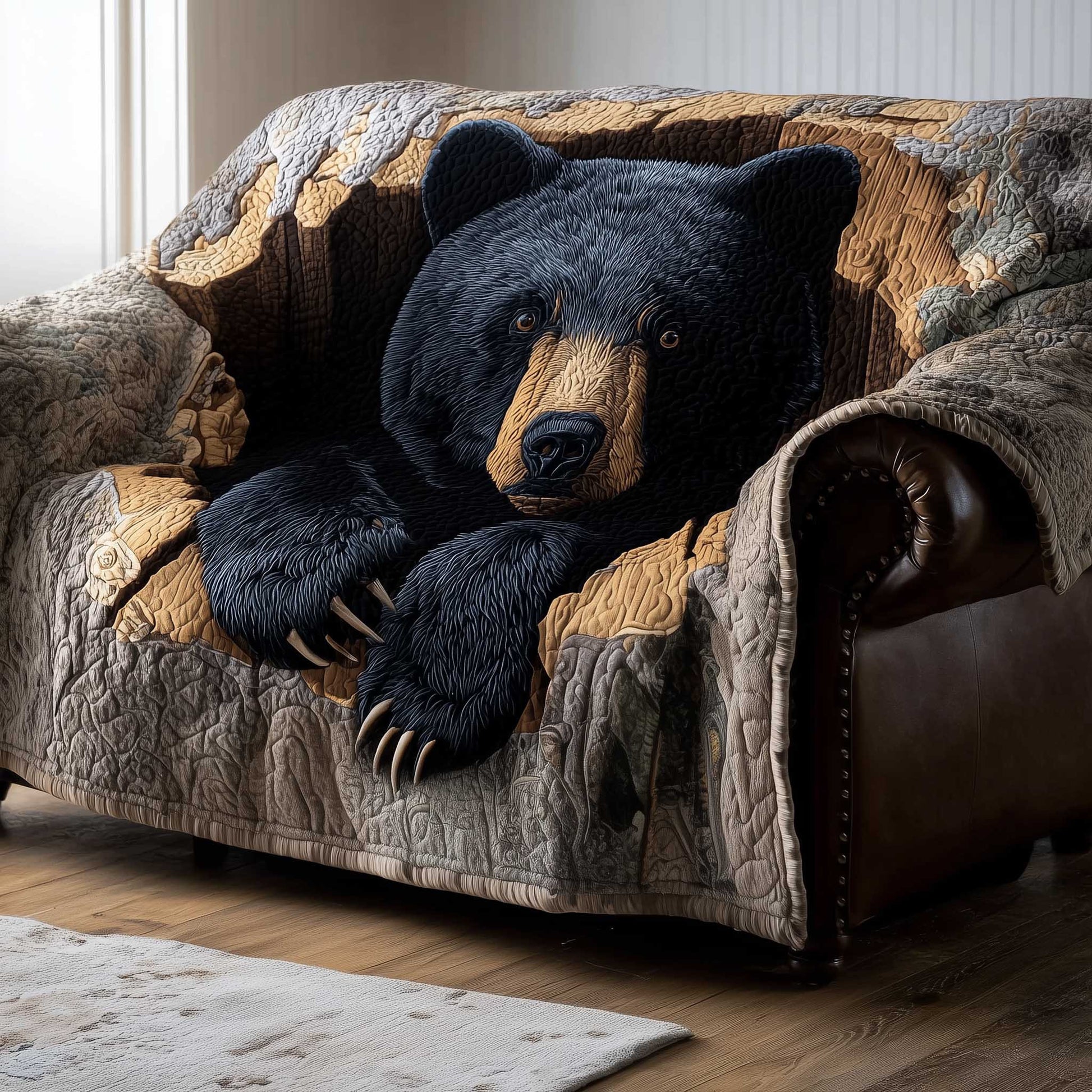 Woodland Charm Quilted Sofa Cover Cozy Rustic Forest Accent Bear Gifts For Dad