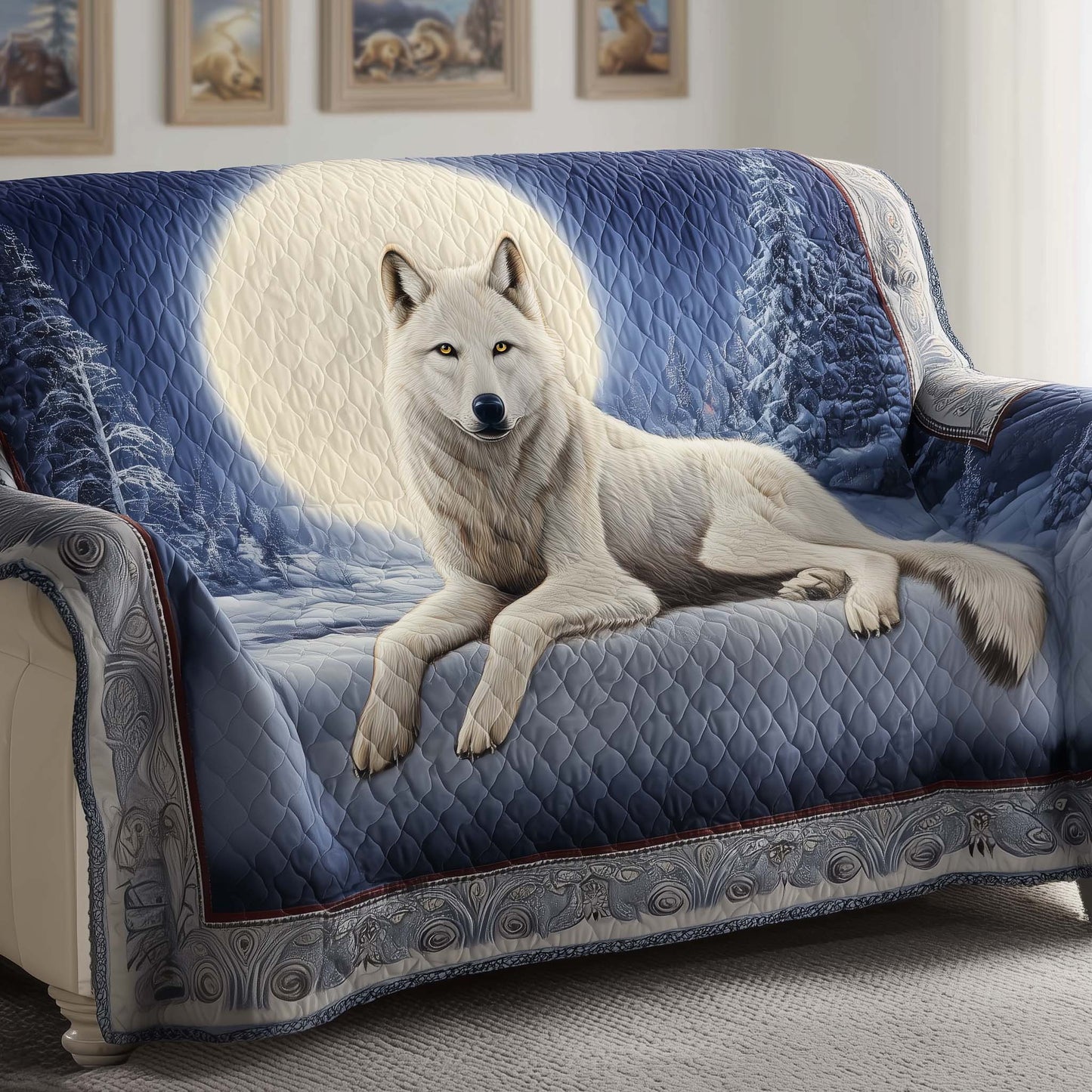 Snow Wolf Quilted Sofa Cover Best Holiday Room Decoration Wlf Themed Gifts For Him Trendyhomewear - Pvr