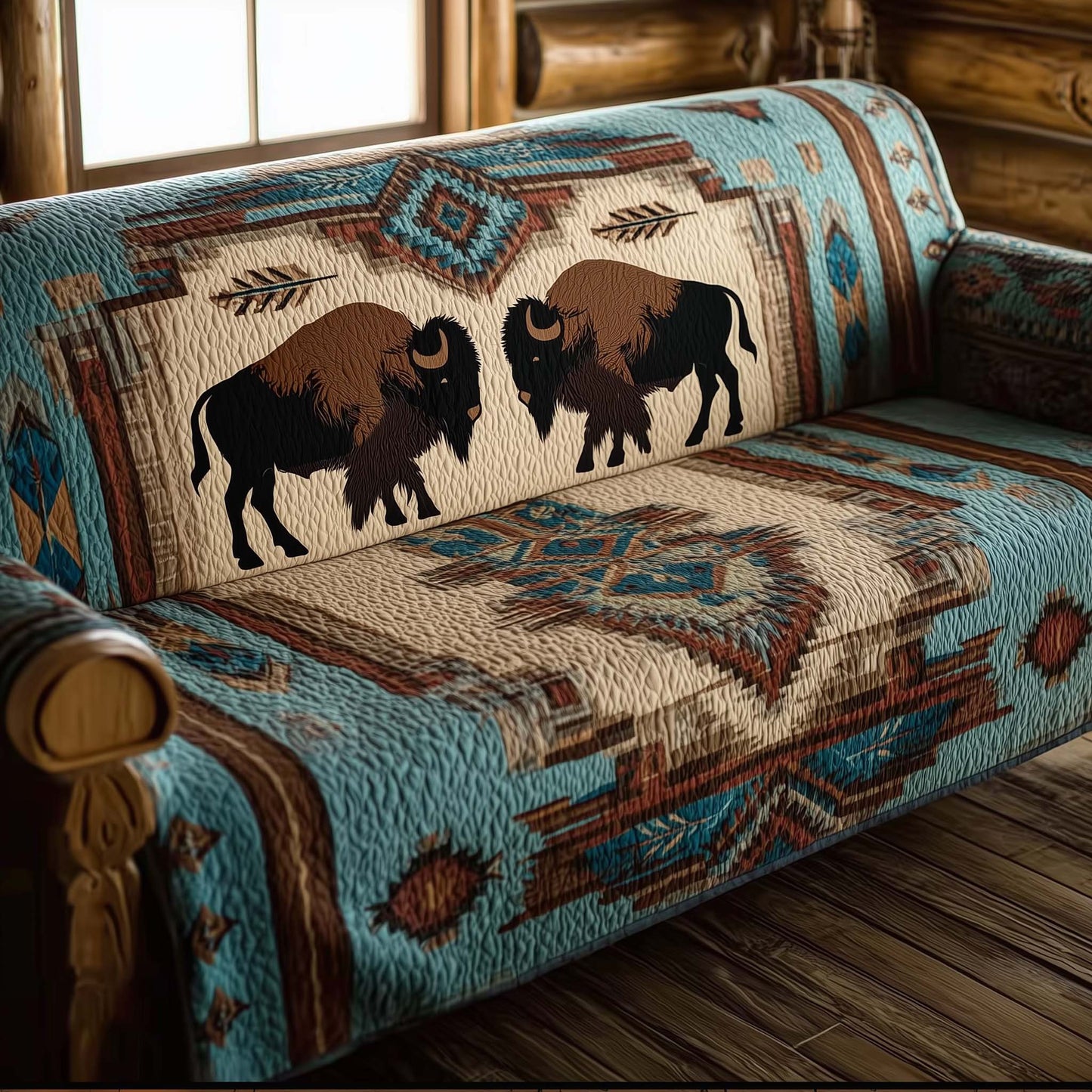 Native Bison Quilted Sofa Cover Winter Couch Protector Bison Themed Gifts For Her Trendyhomewear - Pvr