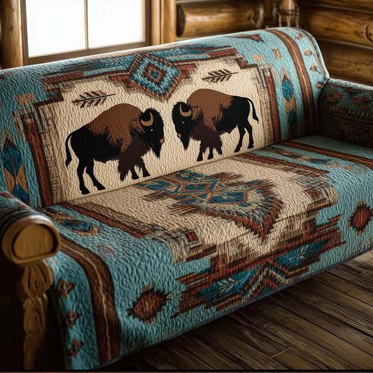 Native Bison Quilted Sofa Cover Winter Couch Protector Bison Themed Gifts For Her Trendyhomewear - Pvr