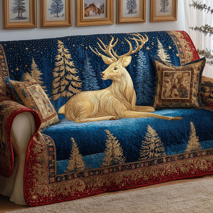 Reindeer Golden Time Quilted Sofa Cover Christmas Sofa Protector Best Reindeer Gifts 2025 Trendyhomewear - Pvr