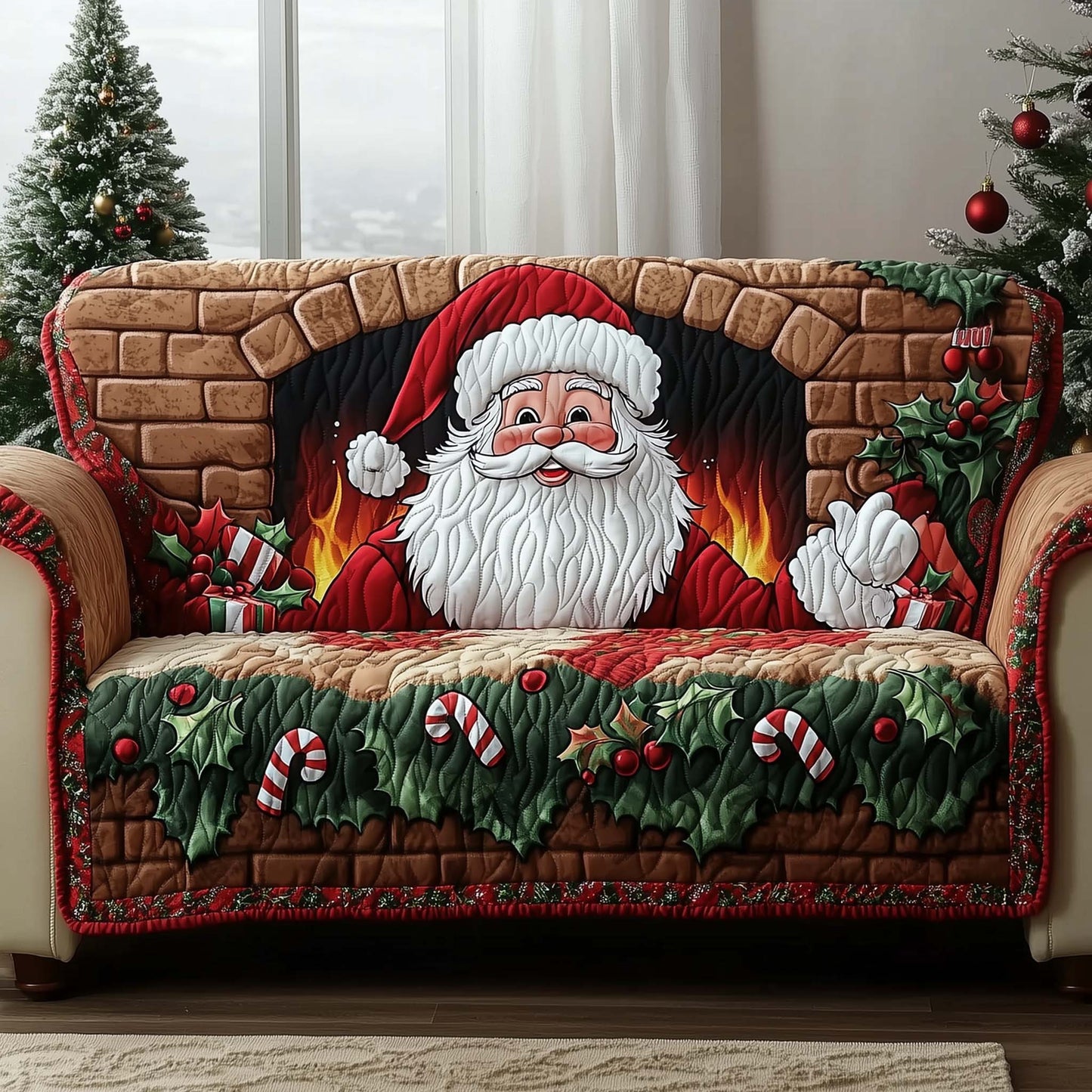Santa Fireplace Quilted Sofa Cover Christmas Sofa Furniture Santa Secret Gift Decor Trendyhomewear - Pvr