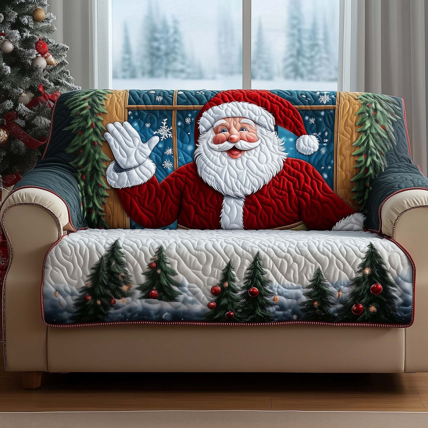 Santa Greeting Quilted Sofa Cover Cozy Sofa Furniture Santa Gifts Decor For Holiday Trendyhomewear - Pvr