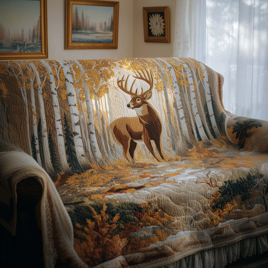 Deer Golden Autumn Buck Quilted Sofa Cover Xmas Couch Protector Deer Decor Gifts For Him Trendyhomewear - Pvr