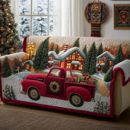 Festive Truck Quilted Sofa Cover Cute Xmas Sofa Protector Holiday Gifts For Truck Drivers Trendyhomewear - Pvr