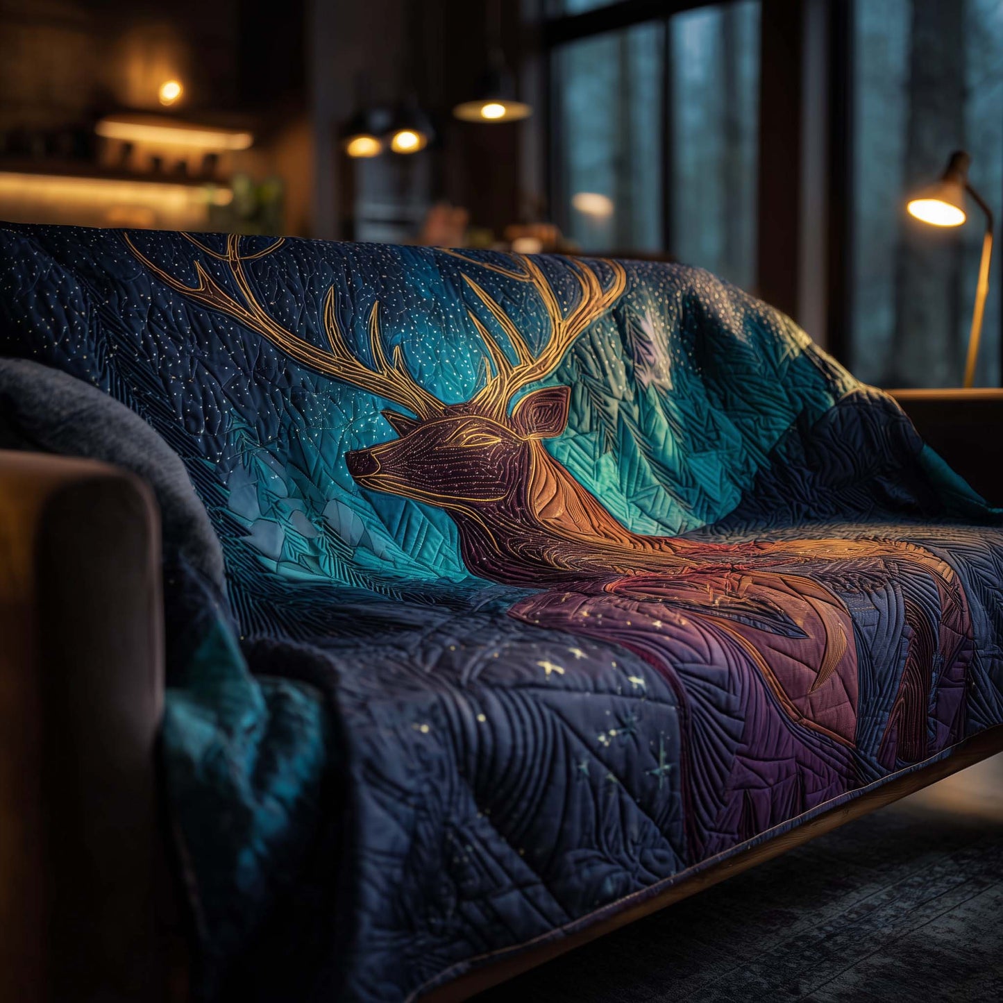 Celestial Deer Quilted Sofa Cover Mystical Zodiac Motif Deer Themed Gifts For Him