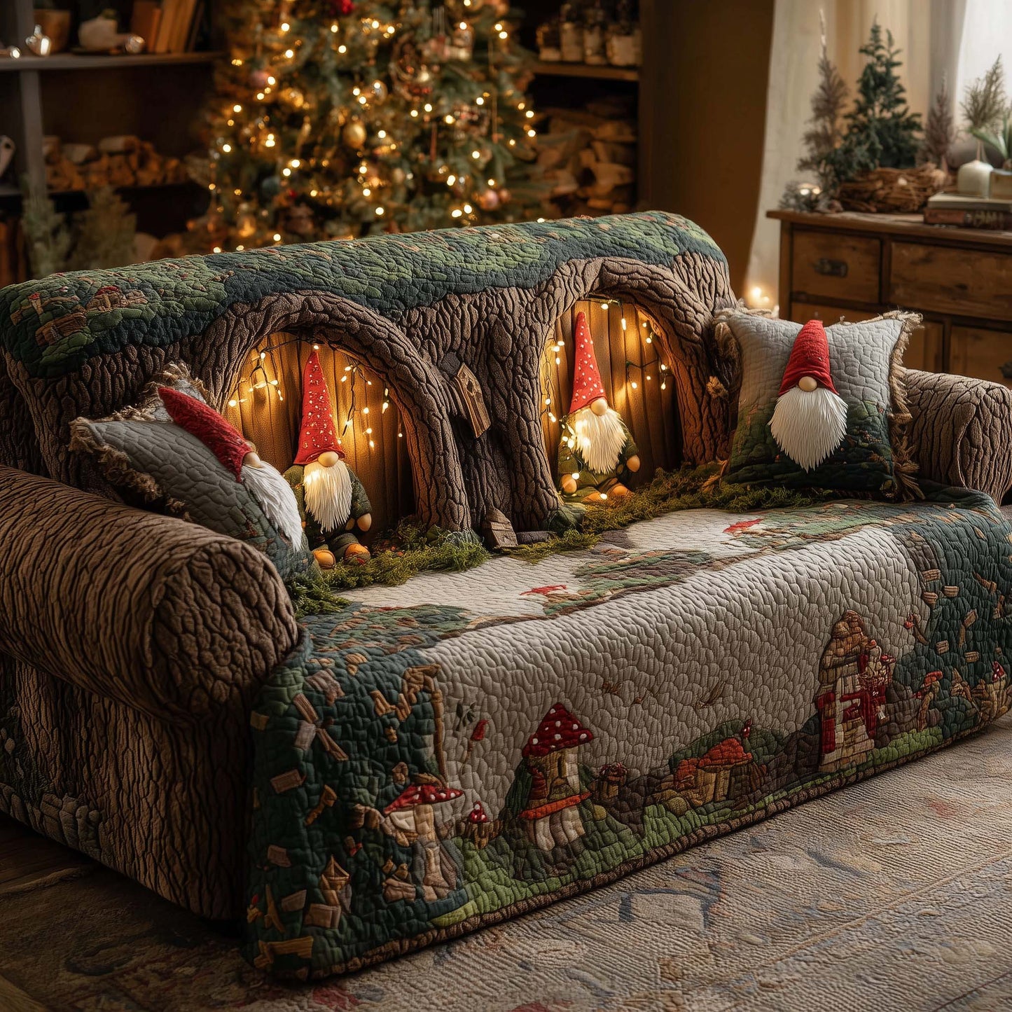 Christmas Gnomes Quilted Sofa Cover Christmas Couch Cushion Gnomes Based Gifts 2025 Trendyhomewear - Pvr