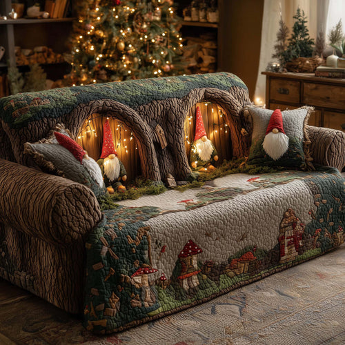 Christmas Gnomes Quilted Sofa Cover Christmas Couch Cushion Gnomes Based Gifts 2025 Trendyhomewear - Pvr