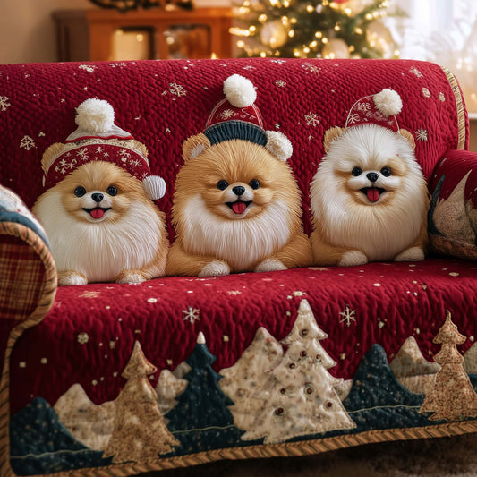 Pomeranian Squad Quilted Sofa Cover Xmas Sofa Protector Cool Gifts For Pomeranian Owners Trendyhomewear - Pvr