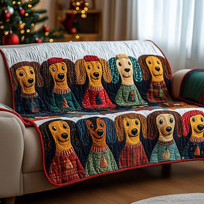 Dachshund In Sweaters Quilted Sofa Cover Funny Xmas Couch Protector Dachshund Dog Gifts Trendyhomewear - Pvr