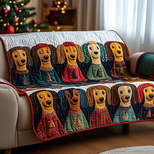 Dachshund In Sweaters Quilted Sofa Cover Funny Xmas Couch Protector Dachshund Dog Gifts Trendyhomewear - Pvr