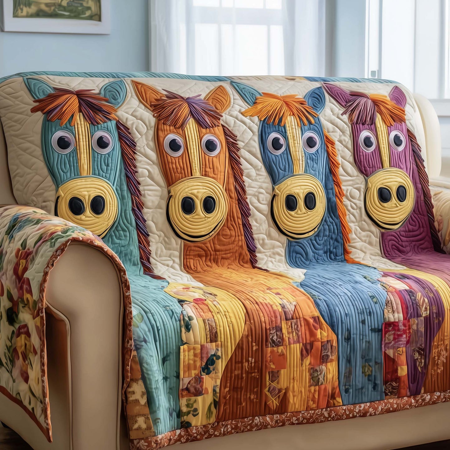 Funky Horse Quilted Sofa Cover Xmas Couch Protector Cozy Decor Gifts For Horse Owners Trendyhomewear - Pvr