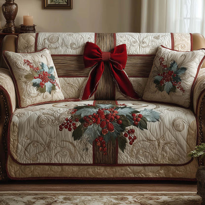 Christmas Bow And Berries Quilted Sofa Cover Cozy Xmas Sofa Protector Item Gifts Decor Trendyhomewear - Pvr