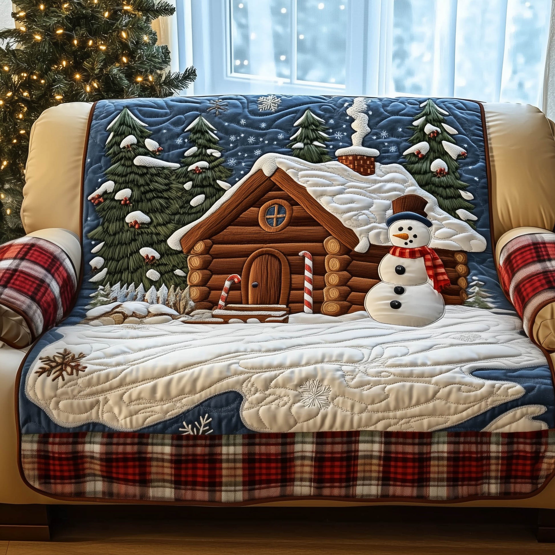 Snow Cabin Quilted Sofa Cover Tranquil Snowy Cabin Design Gifts For House Warming