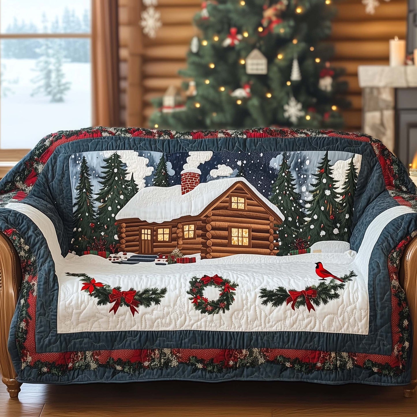 Snow Village Quilted Sofa Cover Winter Wonderland Scene Cover Gifts For House Warming