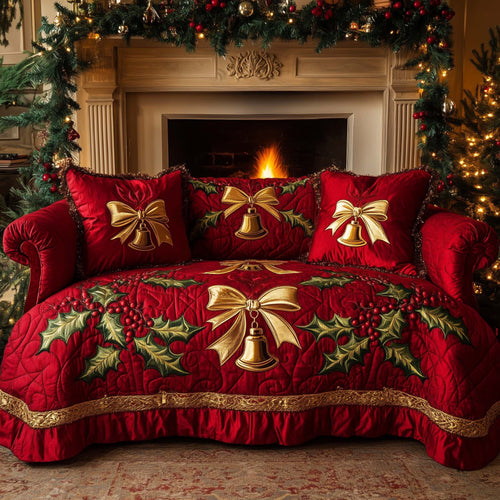 Christmas Bells Quilted Sofa Cover Christmas Holiday Sofa Furniture Cozy Red Xmas Gifts Trendyhomewear - Pvr
