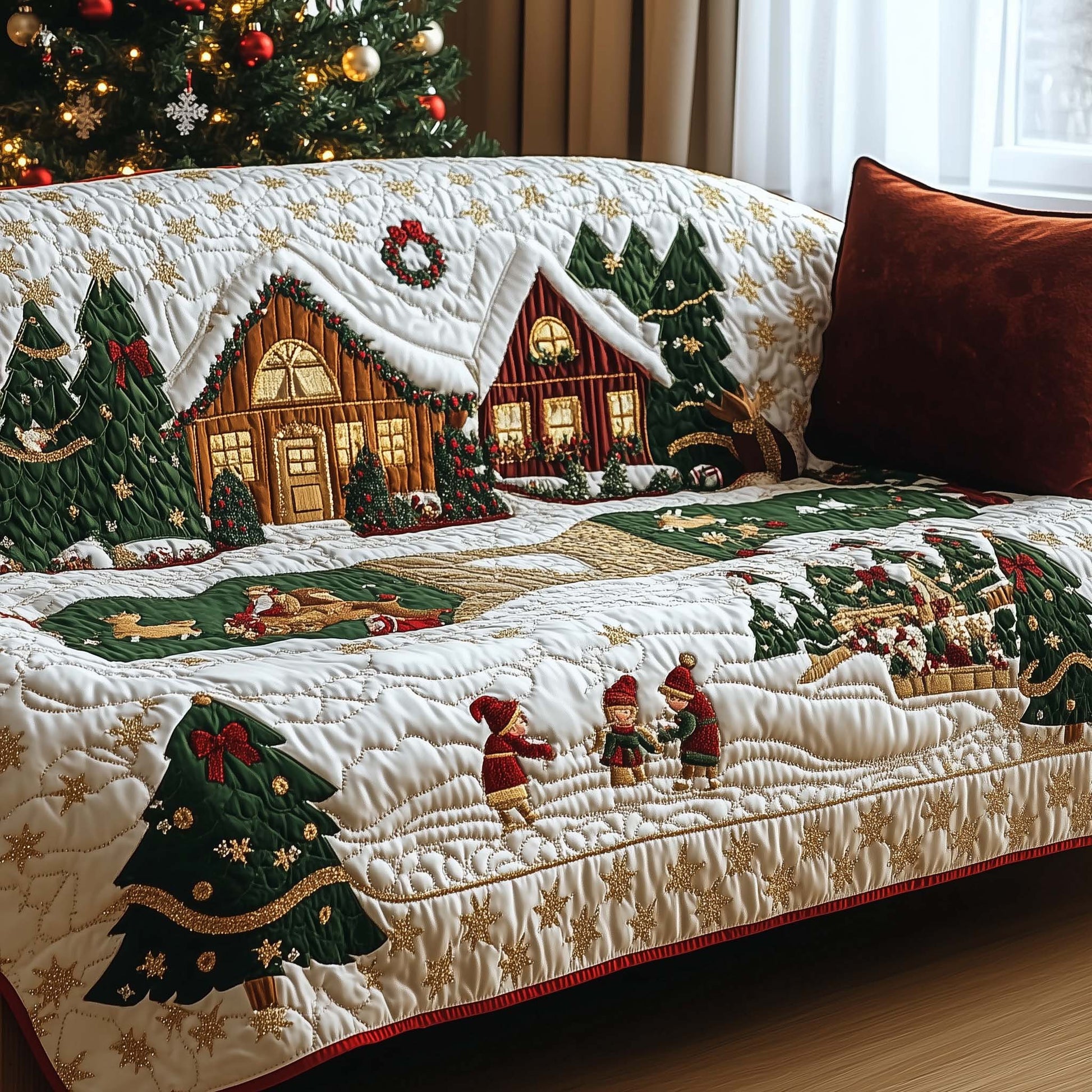 Snow Village Quilted Sofa Cover Charming Christmas Town Scene Gifts For House Warming