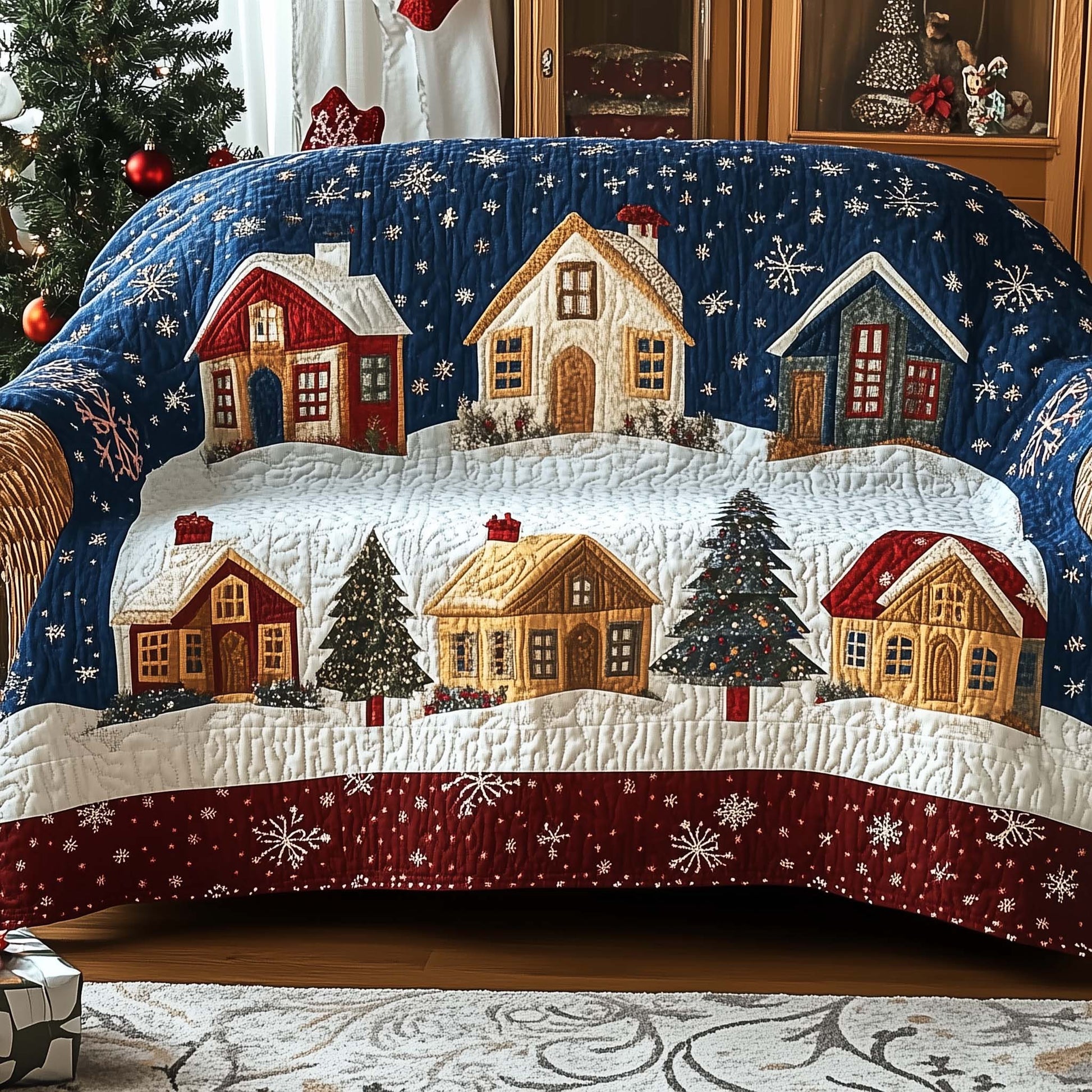 Snow Village Quilted Sofa Cover Cozy Winter Community Design Gifts For House Warming