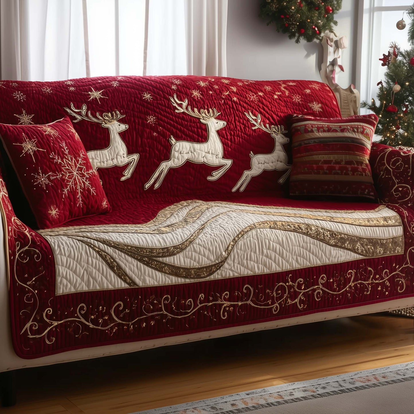Deer Silhouette Quilted Sofa Cover Xmas Holiday Couch Protector Cozy Deer Novelty Gifts Trendyhomewear - Pvr