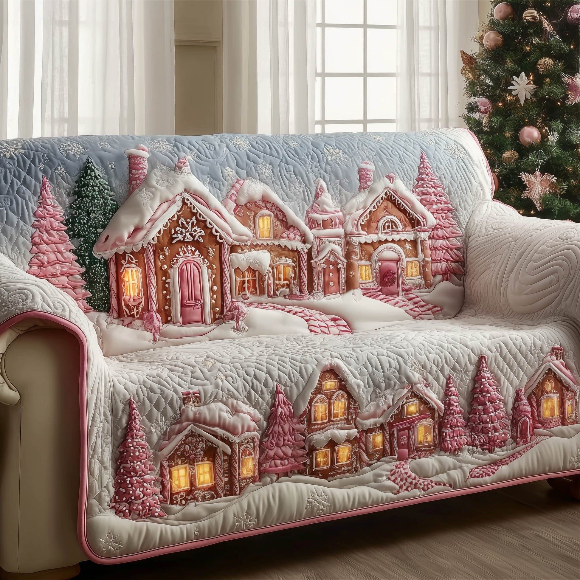 Gingerbread Village Quilted Sofa Cover Festive Sugar-Coated Village Motif Best Gift For Sweet Lover