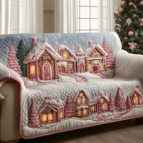 Gingerbread Village Quilted Sofa Cover Festive Sugar-Coated Village Motif Best Gift For Sweet Lover