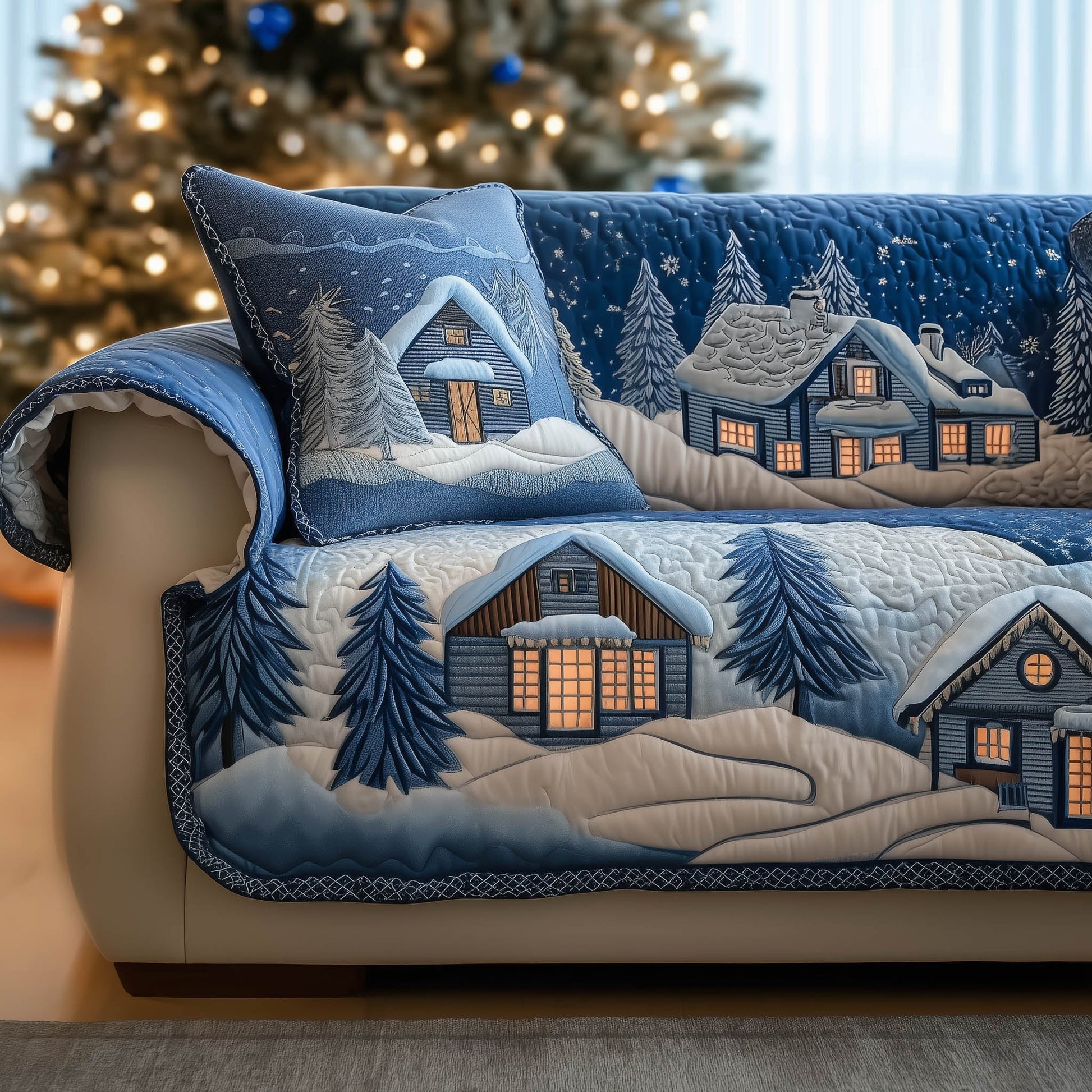 Winter Town Quilted Sofa Cover Cozy Christmas Town Design Gifts For House Warming