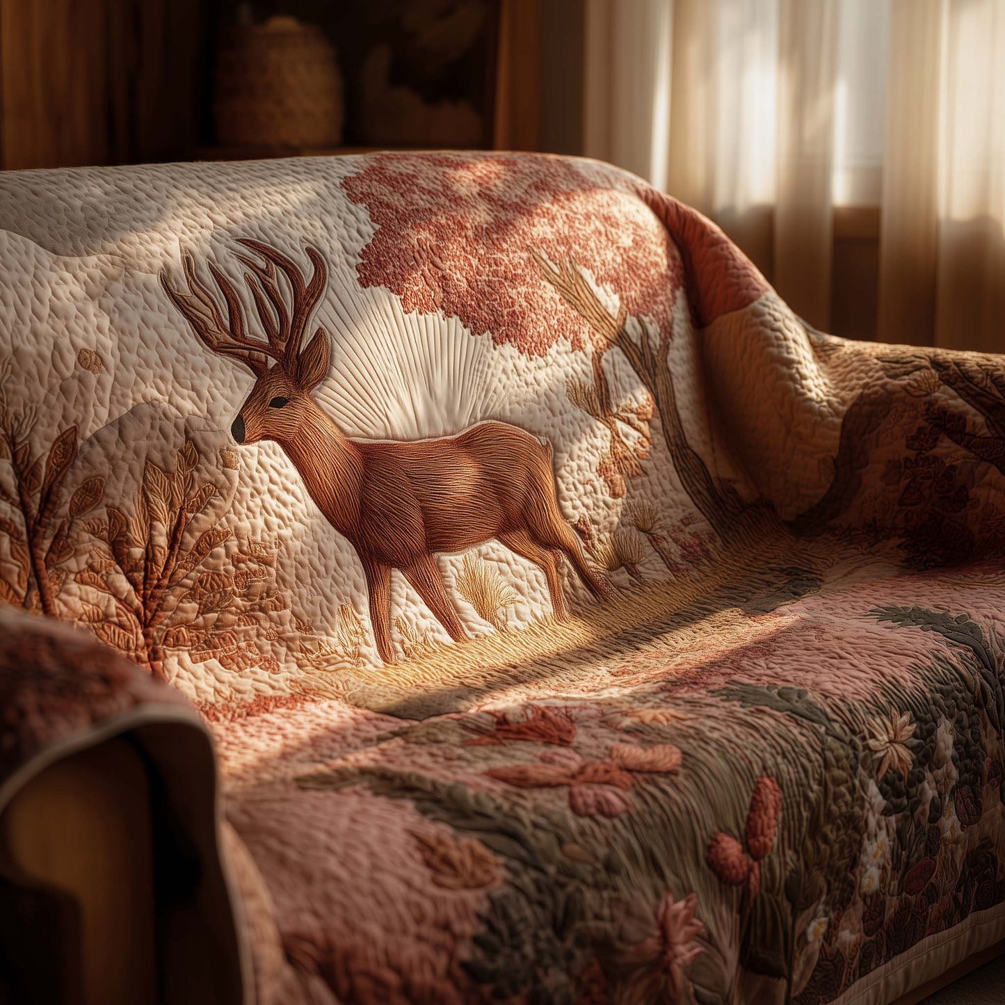 Spring Deer Heaven Quilted Sofa Cover Peaceful Animal Design Deer Themed Gifts For Him