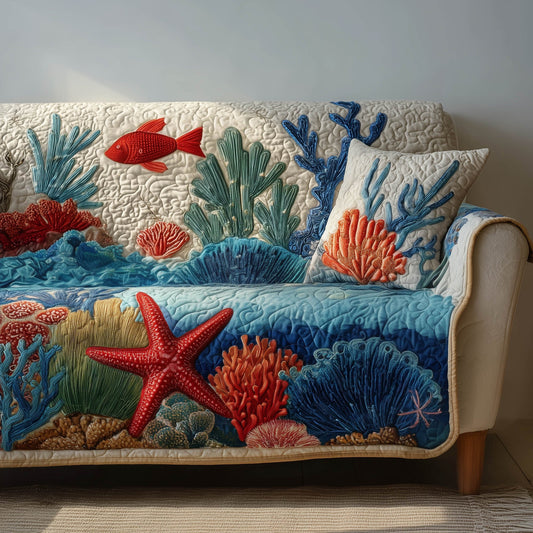 Ocean Charm Quilted Sofa Cover Seashell and Starfish Motif Presents For Ocean Lovers